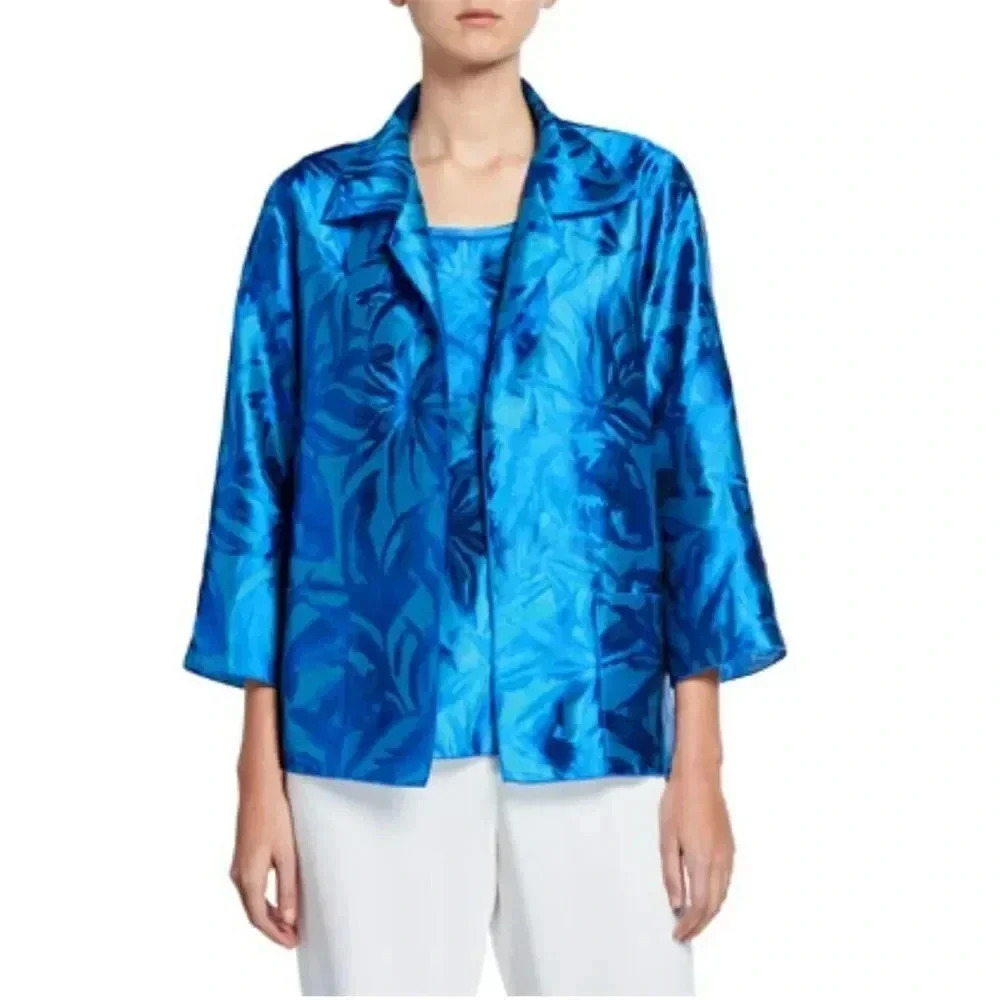 New Caroline Rose Blue Open Front Hawaiian Floral Jacquard Jacket Size XS